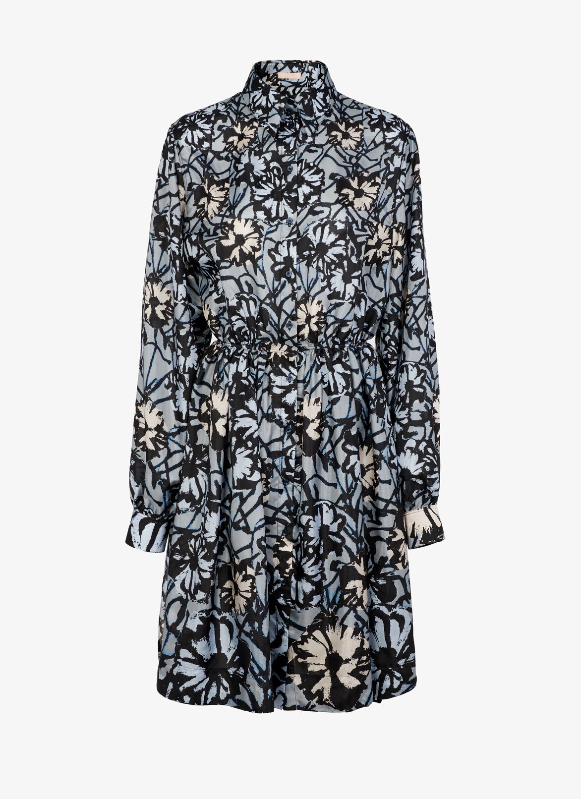 Printed habotai silk shirt-dress  ALAÏA BLACK/BLUE PRINTED HABOTAI SILK SHIRT-DRESS